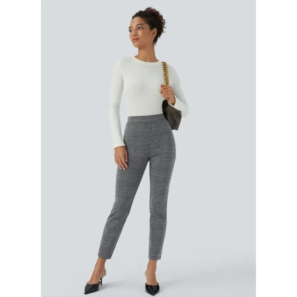 Halara Dress Pants M NEW Work Plex Pull On Grey Skinny Houndstooth Plaid Black
